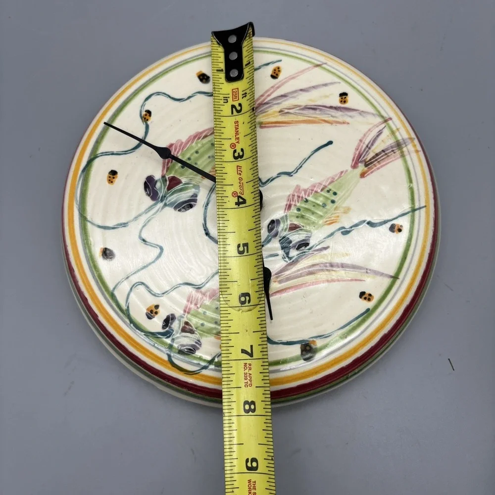 Studio Pottery Signed Wall Clock Cream With Colorful Fish WORKS!